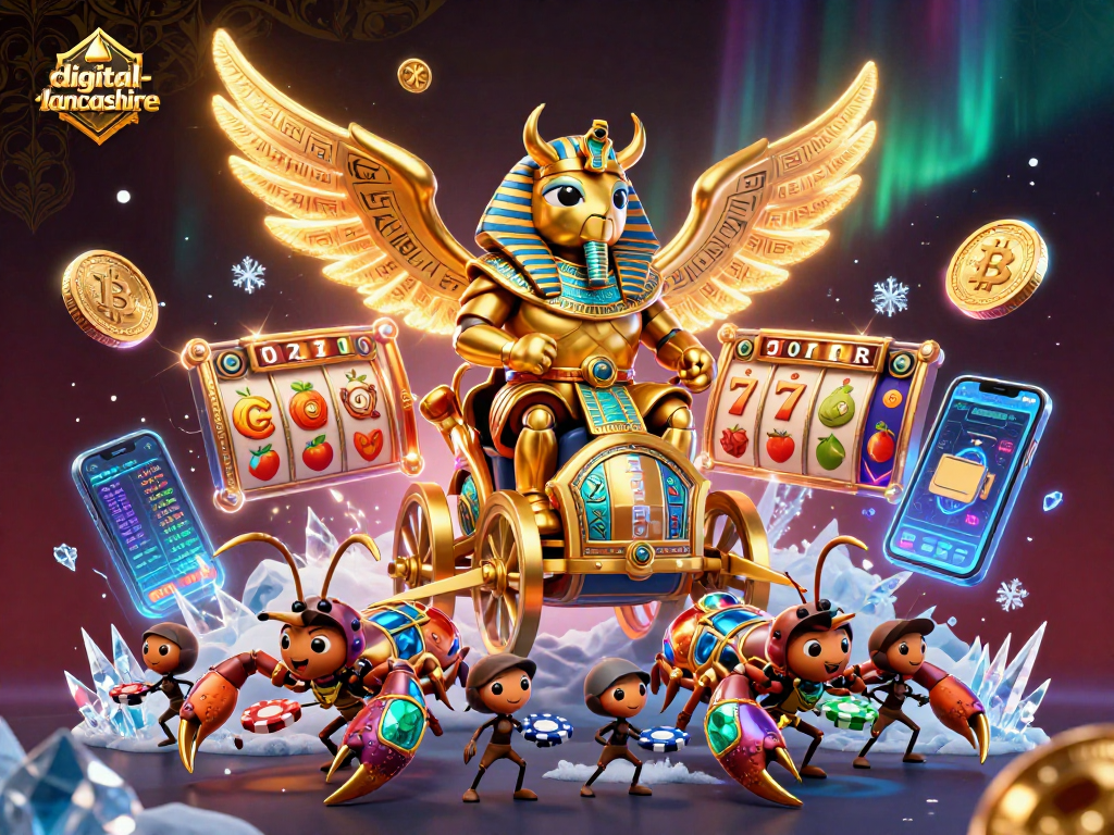 Play slots while exploring digital-lancashire's vibrant online casinos featuring unique characters and elements.