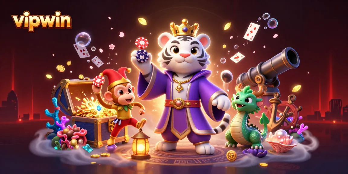 Experience excitement with vipwin's lively characters and casino elements in a vibrant 3D illustration.