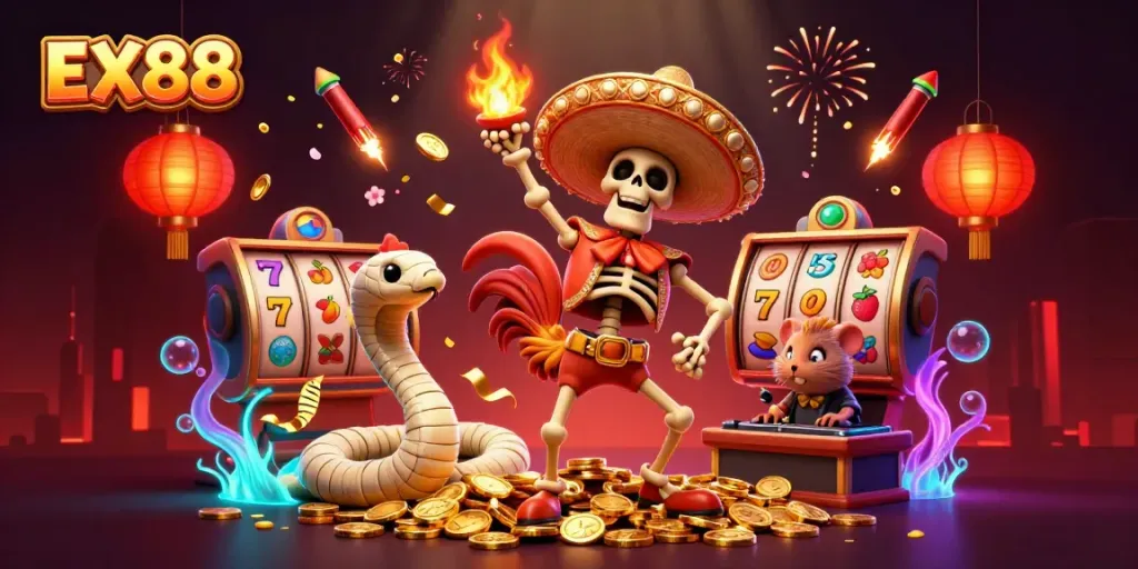 Experience the excitement of EX88 as a colorful skeleton rooster dances amidst golden coins and slot reels.