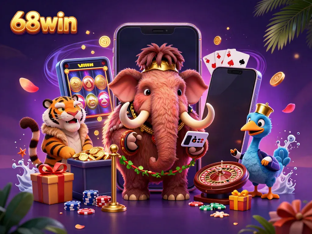 Engaging 3D scene at 68win casino featuring a woolly mammoth bouncer and a saber-tooth tiger VIP amidst casino games.