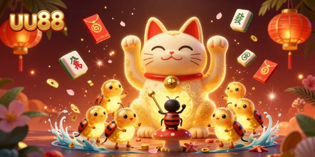 Experience the magic of uu88 with golden fireflies and casino symbols, a captivating illustration.
