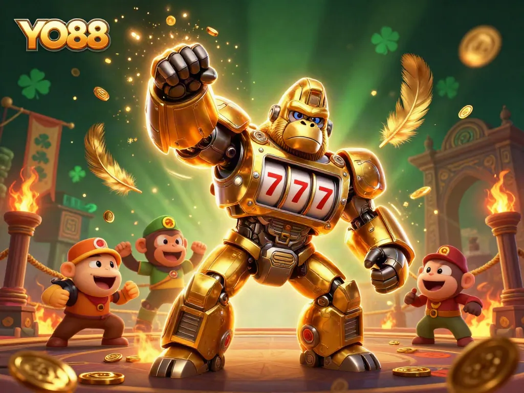 Experience thrilling action at YO88 with a golden gorilla mech, exploding coins, and vibrant casino elements.
