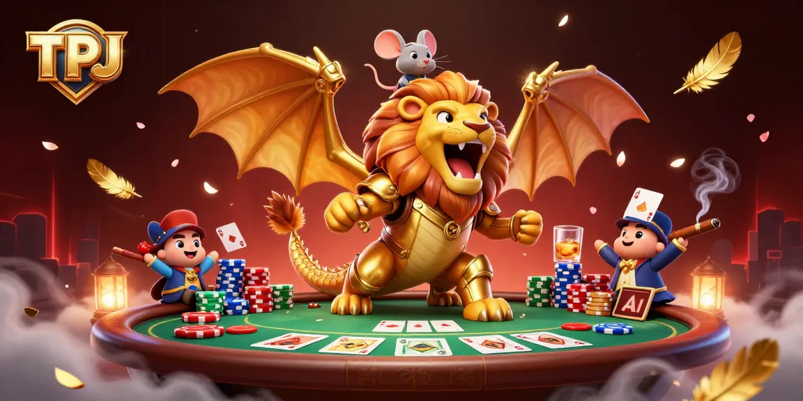 TPJ showcases a golden chimera creature and mouse jockey amidst a vibrant poker scene.