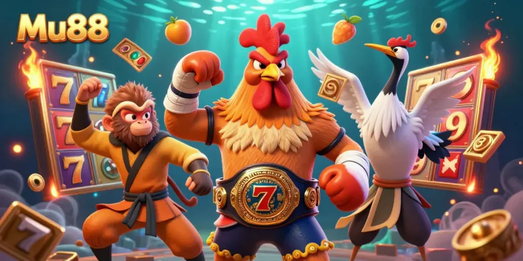 Join the excitement at Mu88 with vibrant gaming symbols and characters showcasing thrilling slot gaming action.