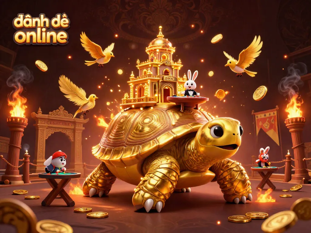 Experience đánh đề online with a dynamic scene of a golden tortoise casino, featuring a rabbit dealer and flying coins.