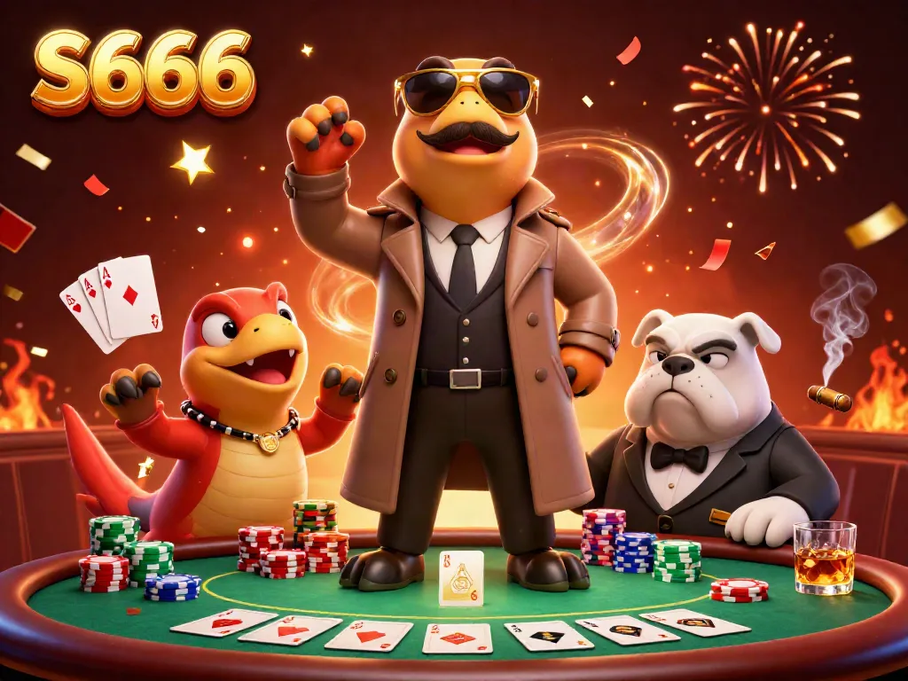 S666 raptors in disguise entering a casino, surrounded by poker elements and vibrant confetti.