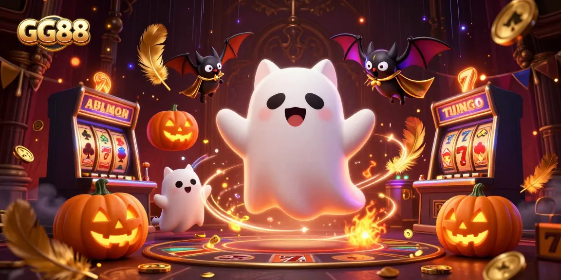 Experience thrilling wins at GG88 with a ghost cat and vampire bat in a haunted casino scene.