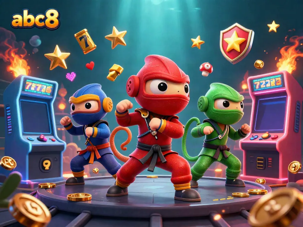 Experience abc8 casino excitement as chameleon ninjas engage with vibrant slot machines and golden stars.