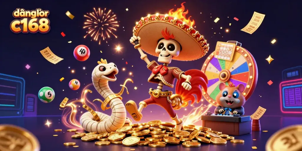 Engage in excitement with đăng nhập c168, featuring a vibrant 3D casino scene of characters celebrating wins with lottery elements.