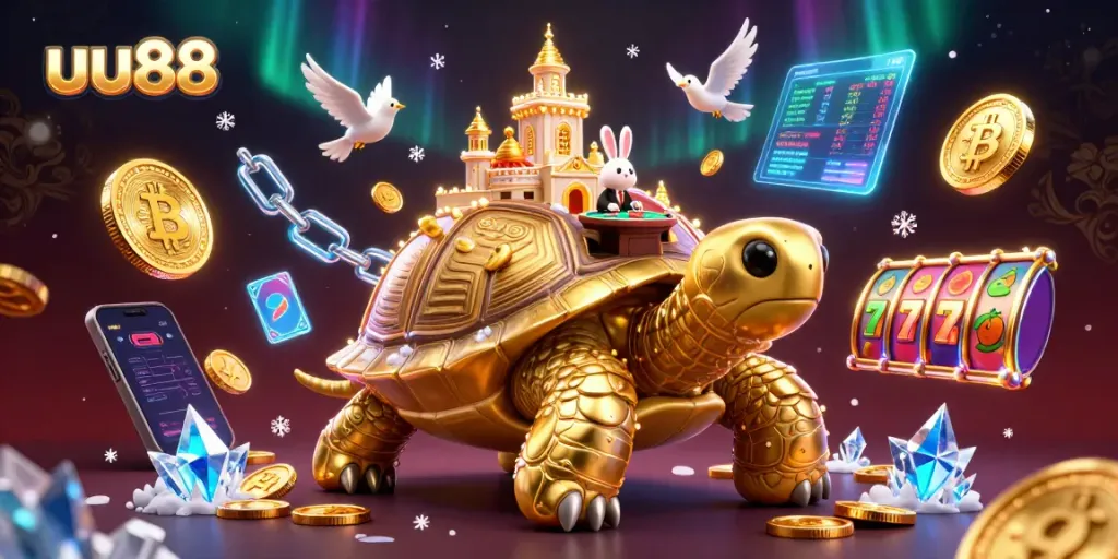 Experience the thrill of uu88 with a vibrant casino scene featuring a golden tortoise, rewarding gameplay, and dynamic symbols.