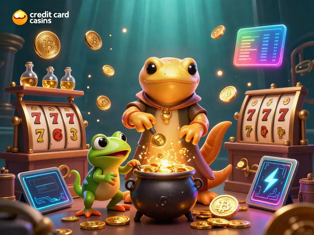 Experience the thrill at credit card casinos with vibrant characters earning gold in a magical setting.