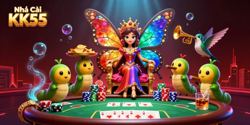 Engage with the vibrant atmosphere of Nhà cái KK55 as the butterfly queen presides over a lively poker scene.