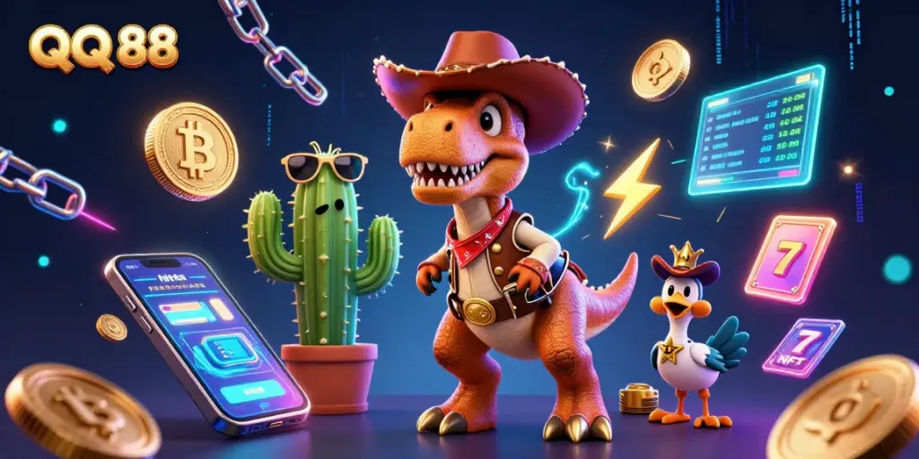 Experience thrilling gameplay in QQ 88 with our cartoon T-Rex and casino elements.