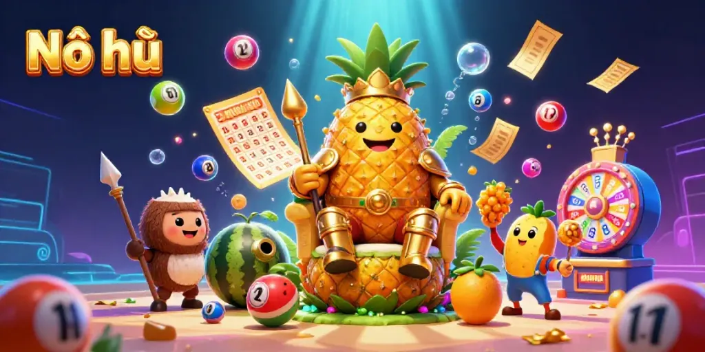 Nổ hũ showcases a golden pineapple king with casino elements, vibrant colors, and dynamic gaming action.