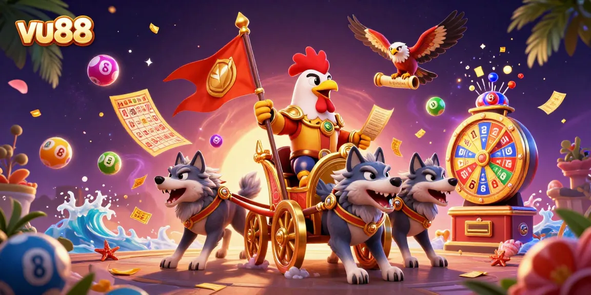 Engage in thrilling gameplay with vu88, featuring a 3D rooster warlord in an electrifying casino scene.
