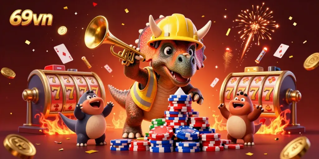 Play exciting 69vn-themed casino games with a cartoon triceratops building a poker chip pyramid in celebration.