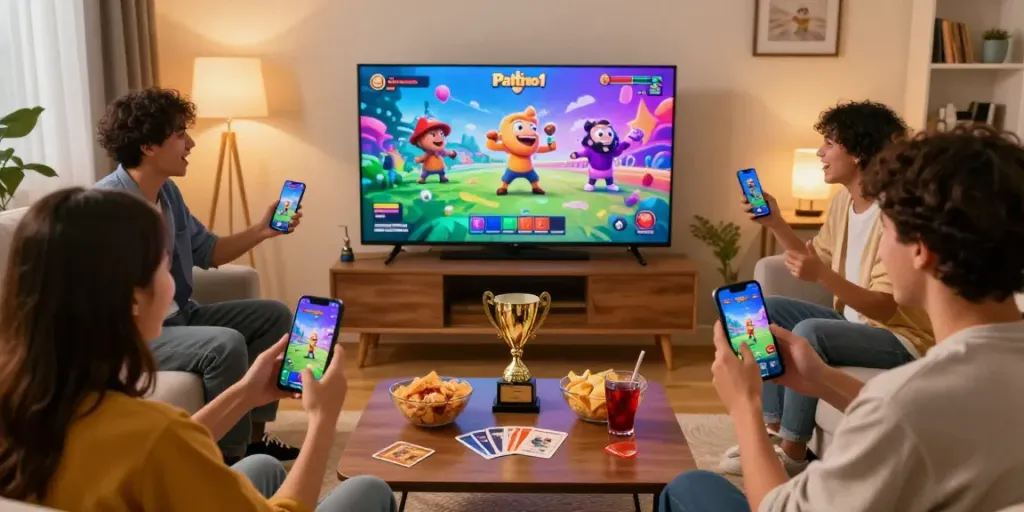 Friends enjoying 3 Patti no1 gameplay in a cozy living room with vibrant atmosphere.
