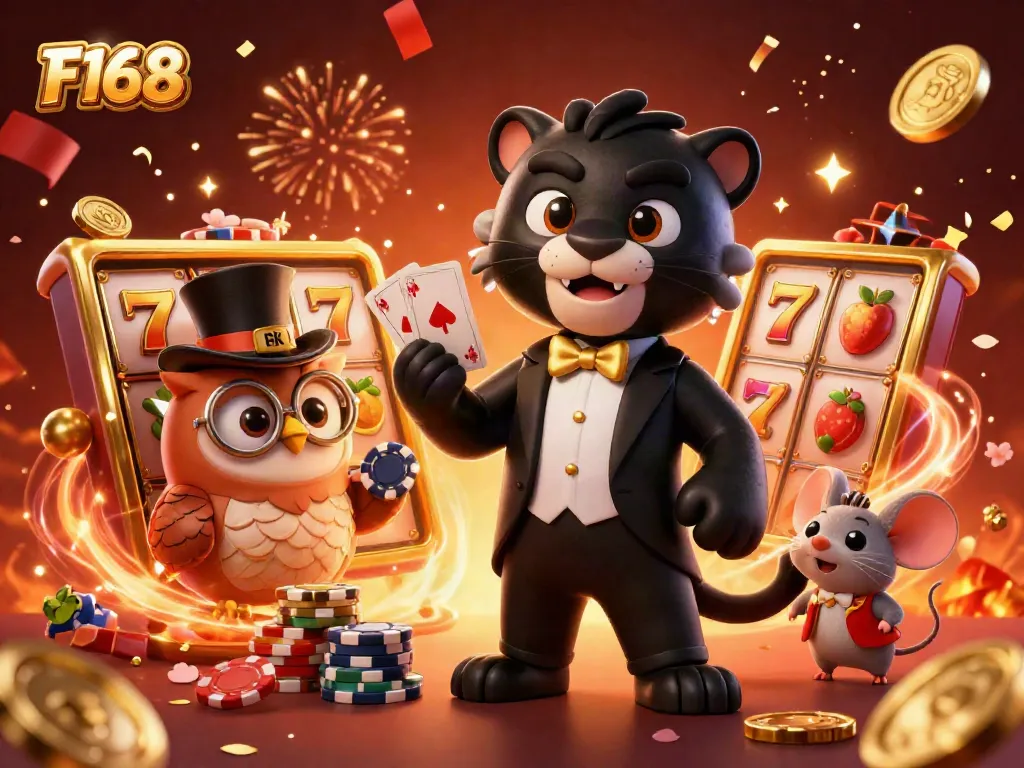 Engage with F168's vibrant casino scene featuring a tuxedoed panther, chip-holding owl, and lucky mouse.