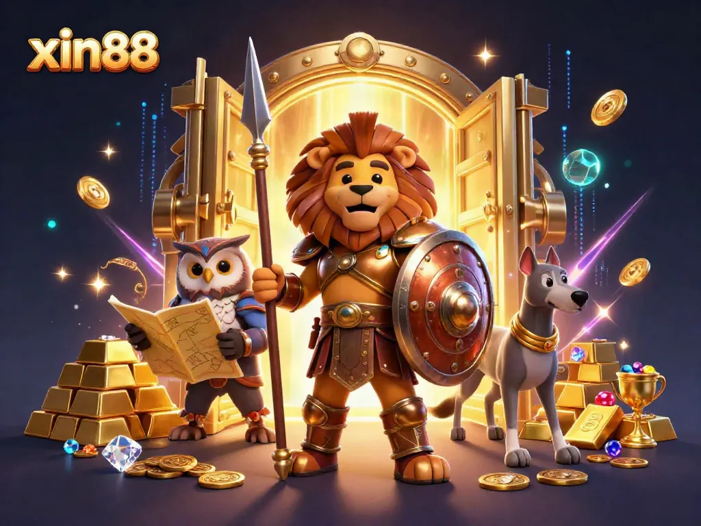 Experience the thrill of xin88 with a dynamic gaming scene featuring a heroic Spartan lion and treasure elements.