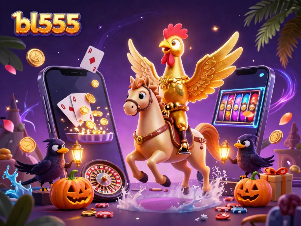 Engage in thrilling play at bl555 casino, featuring a golden rooster, casino games, and exciting jackpots.