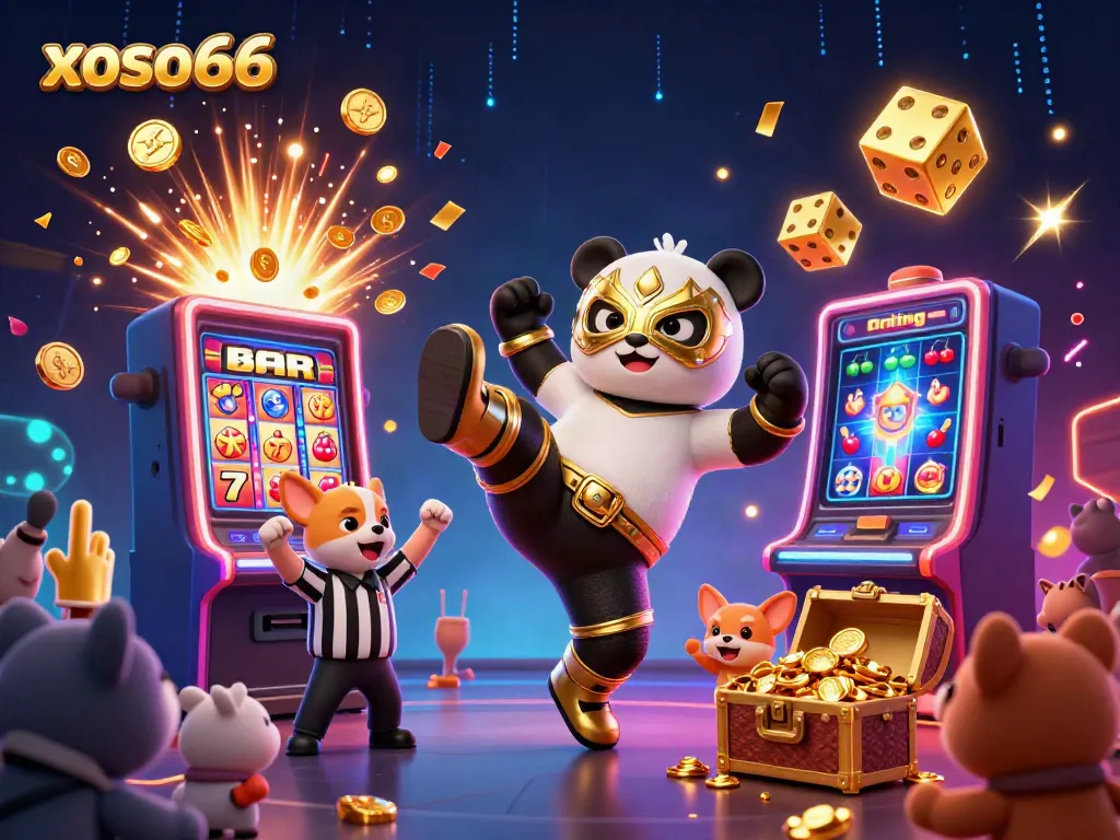 Xoso66 features a 3D cartoon panda wrestler performing a flying kick amidst a vibrant casino scene.