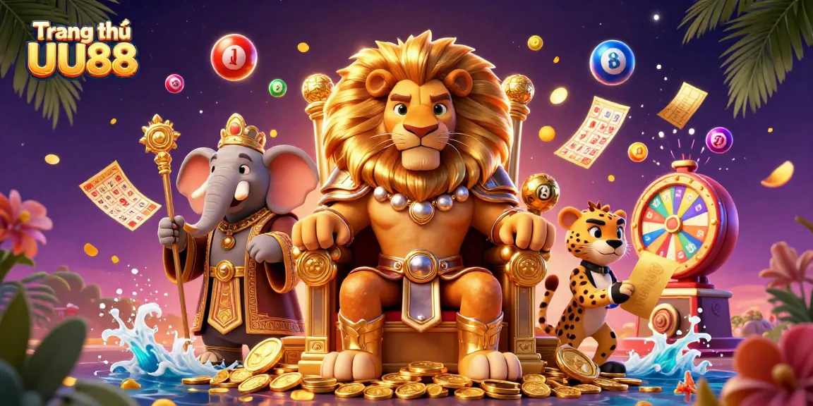 Engage with Trang chủ UU88 in a vibrant 3D casino illustration featuring dynamic lottery scenes.