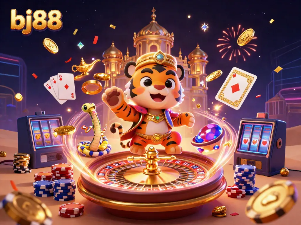 Experience thrilling wins at bj88 with a vibrant casino scene featuring magical characters and golden treasures.