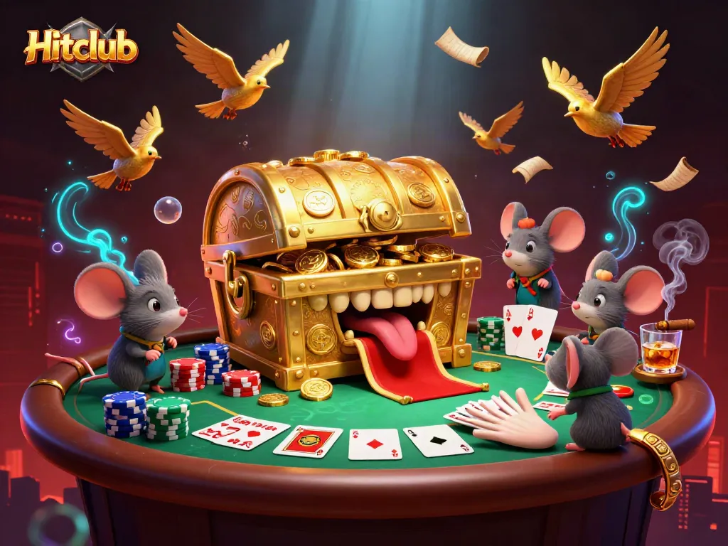 Hitclub showcases an adventurous scene with a treasure chest and vibrant casino elements, engaging players.
