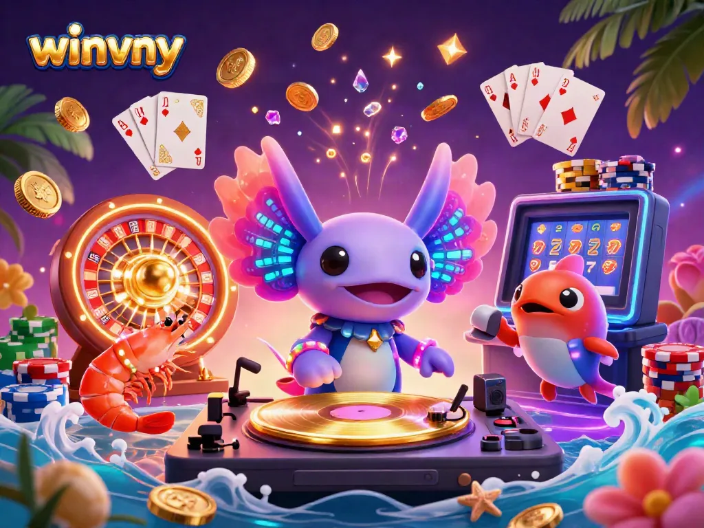 Experience thrilling gameplay at winvny with vibrant casino-themed characters, sparkling coins, and award-winning slots.