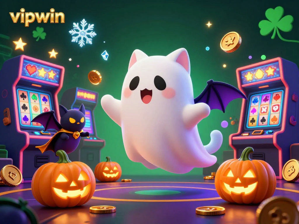 Engage with thrilling gameplay at vipwin, featuring a ghost cat and vibrant casino elements in a rich illustration.