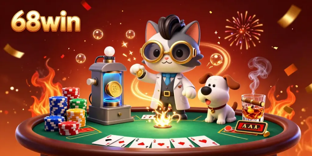 Experience thrilling gameplay at 68win with mad scientist cat and lab assistant amid dynamic casino elements in a vibrant scene.