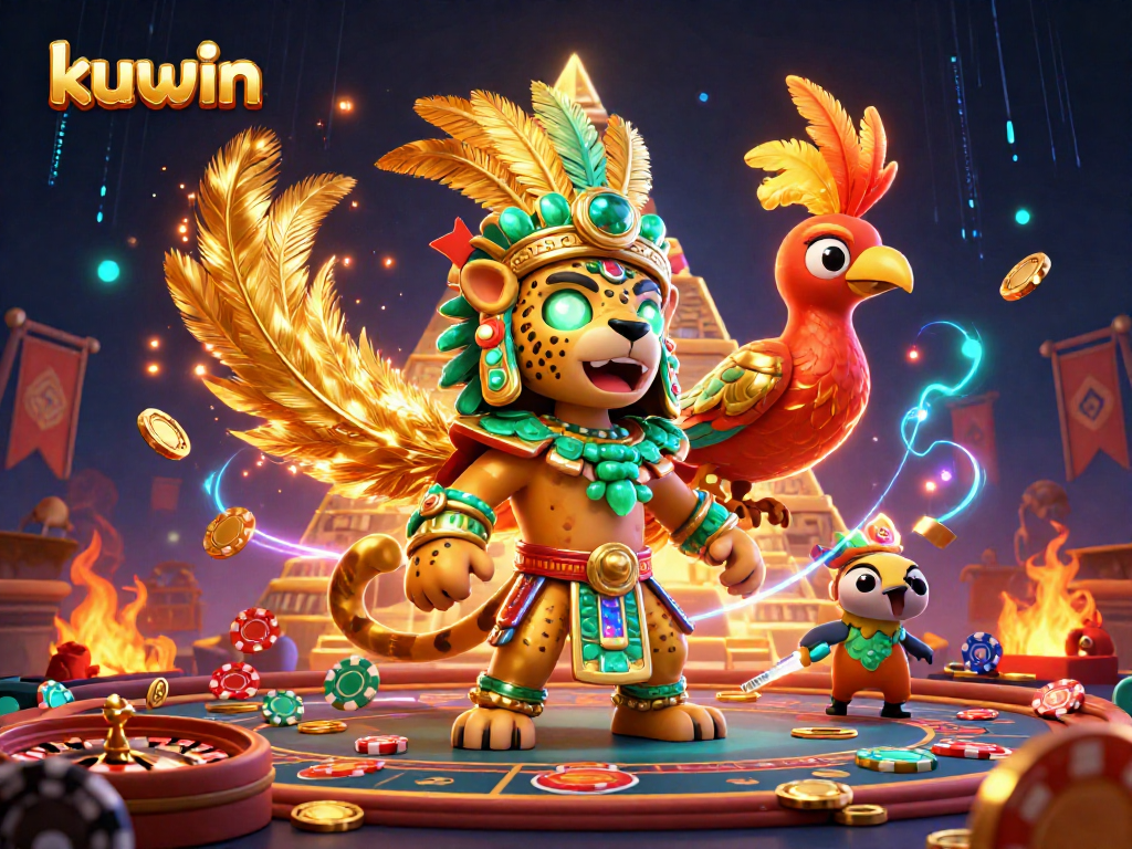 Kuwin's vibrant casino scene showcases a Mayan priest, a quetzal bird, and dynamic gaming elements.