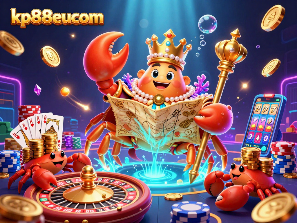 Experience the dynamic world of kp88eucom with a colossal golden crab emperor, stunning casino elements, and vibrant visuals.