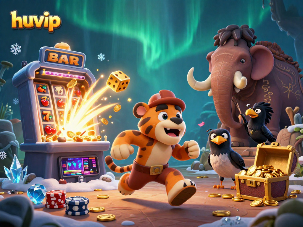 Experience huvip's exciting prehistoric casino with a vibrant duo and a treasure explosion.