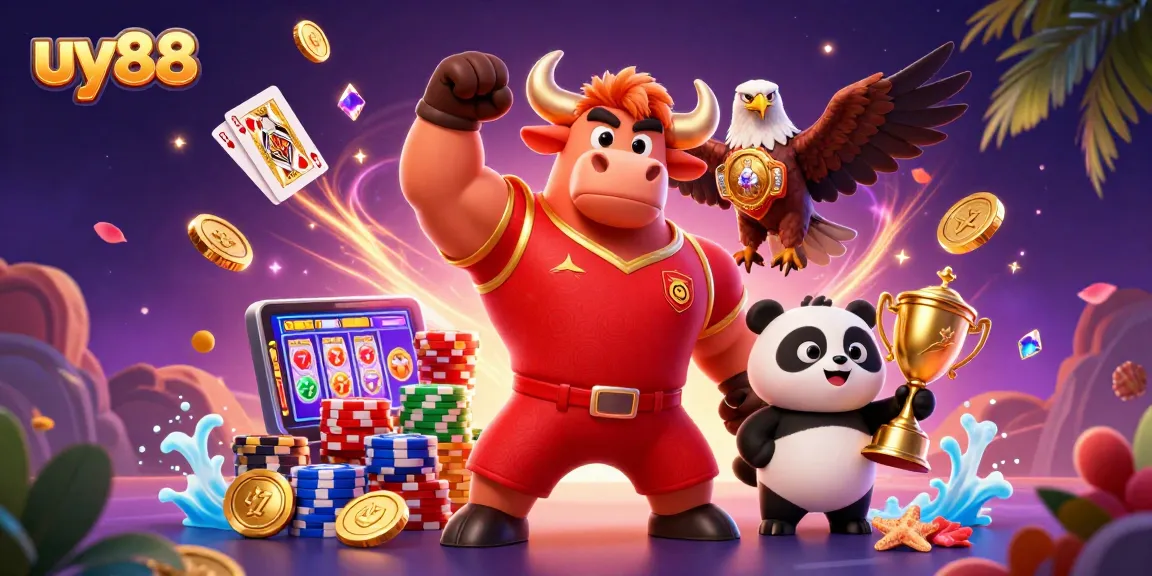 uy88 gamblers celebrate with a bull mascot, eagle, and panda at a dynamic casino scene
