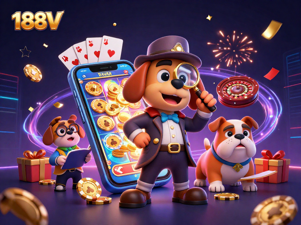 188V detective duo investigates a golden poker chip amidst vibrant casino elements.