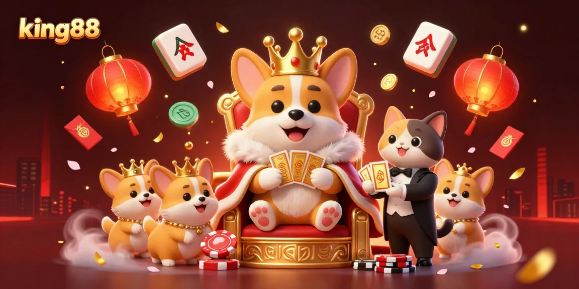 Experience king88's energetic casino atmosphere with royal corgi characters in a dynamic scene.