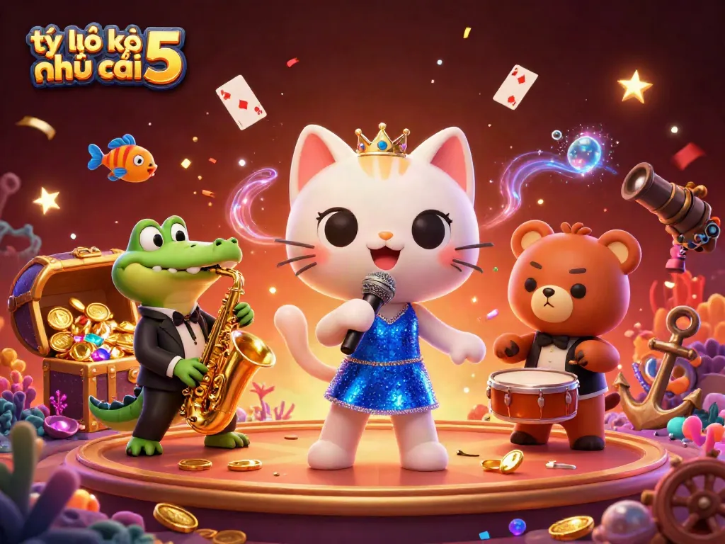 Engage with tỷ lệ kèo nhà cái 5 through a vibrant casino scene featuring a jazzy cat and musical friends.