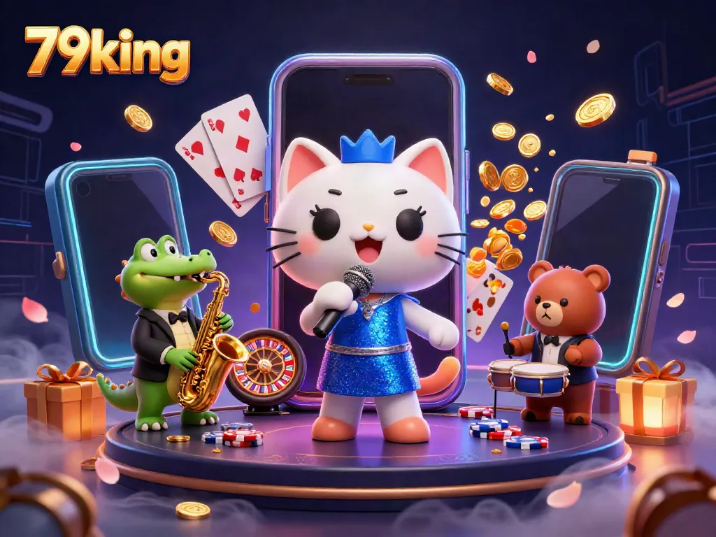 Experience the excitement of 79king with dynamic characters and vibrant gaming elements on stage.