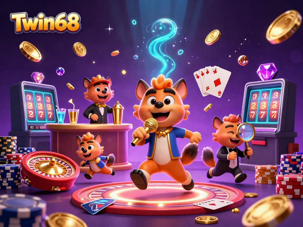 Experience the vibrant Twin68 casino atmosphere with hyenas in a comedic scene of laughter and gaming.