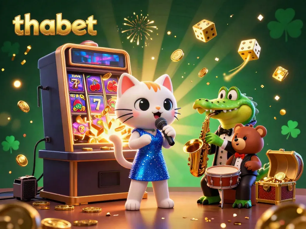 Experience thabet's vibrant casino environment with a captivating 3D scene of fun characters and thrilling gaming action.