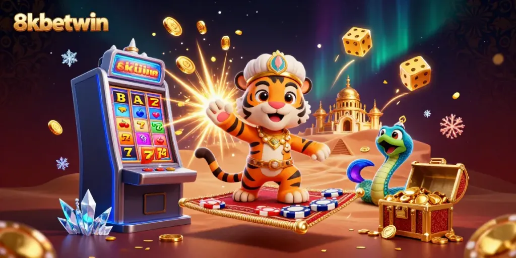 Spin slot games with 8xbetwin's vibrant illustration of a tiger sultan on a magic carpet amidst jackpots.