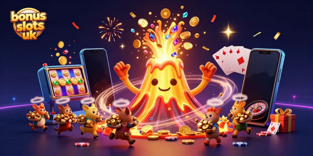Engaging scene showcasing bonus buy slots uk with a volcano erupting coins while animals flee with treasure, enhancing the thrill of gaming.
