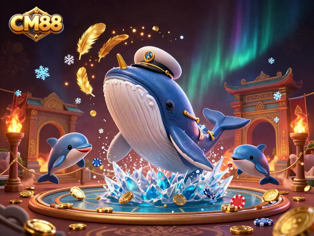 Experience exciting gaming at CM88 with a whimsical whale amid coins and playful dolphins.