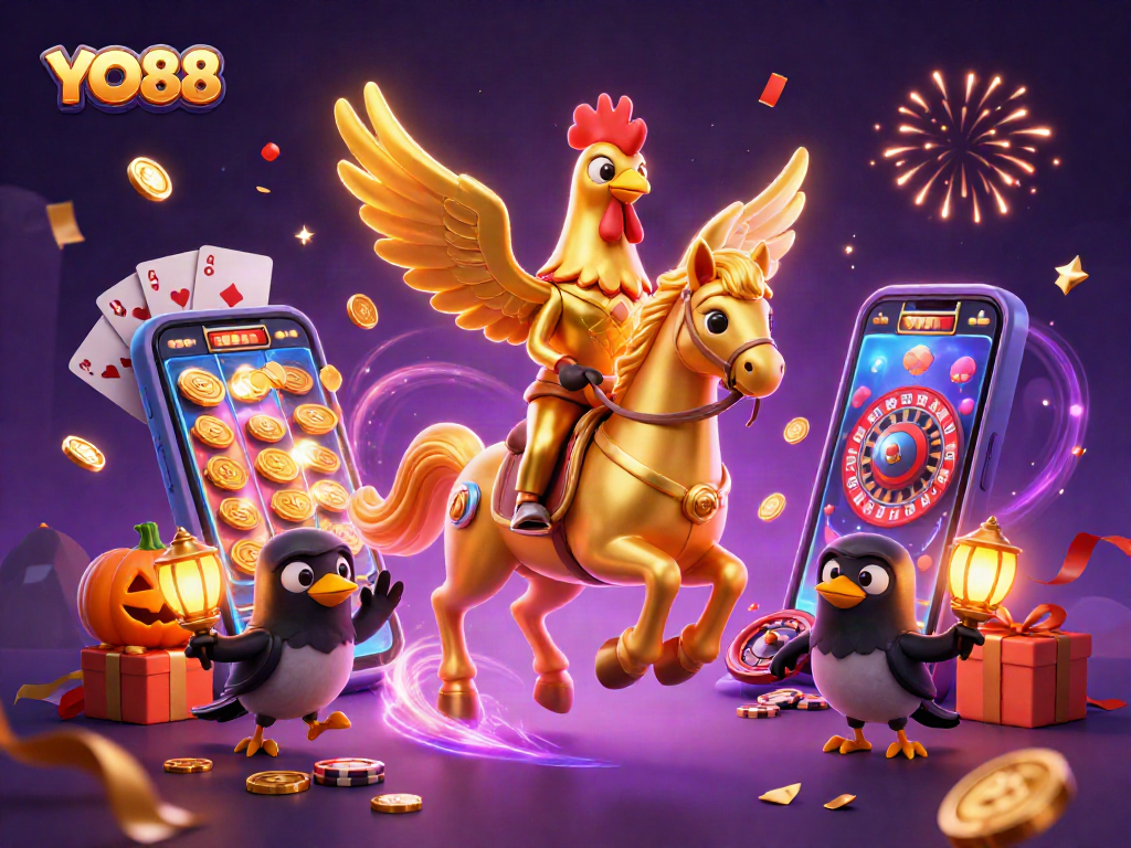 Experience the excitement of YO88 with a stunning golden rooster in a vibrant casino scene.