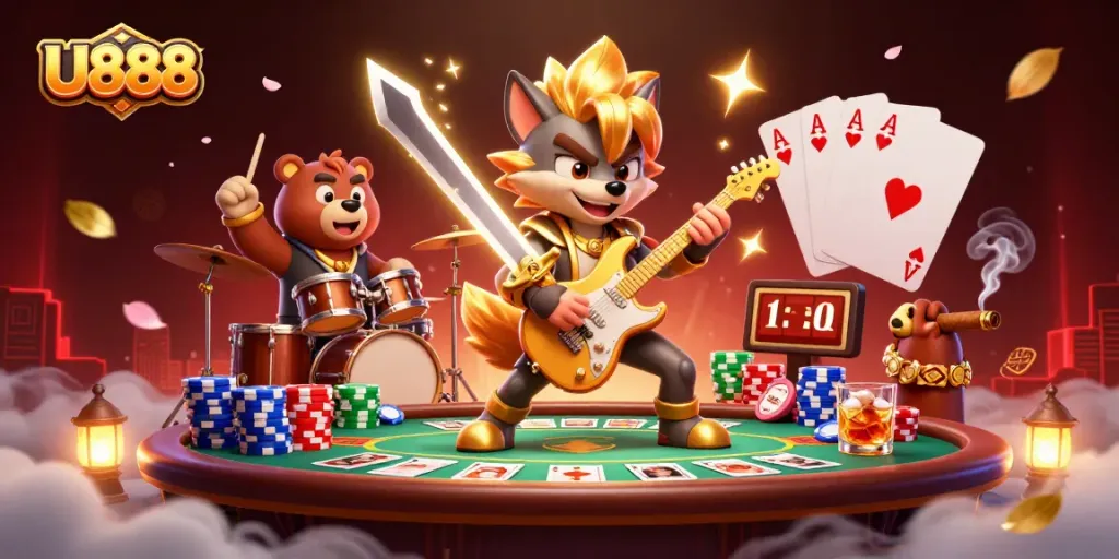 Experience thrilling playing at U888 with a rock star wolf and wild bear under dazzling lights.