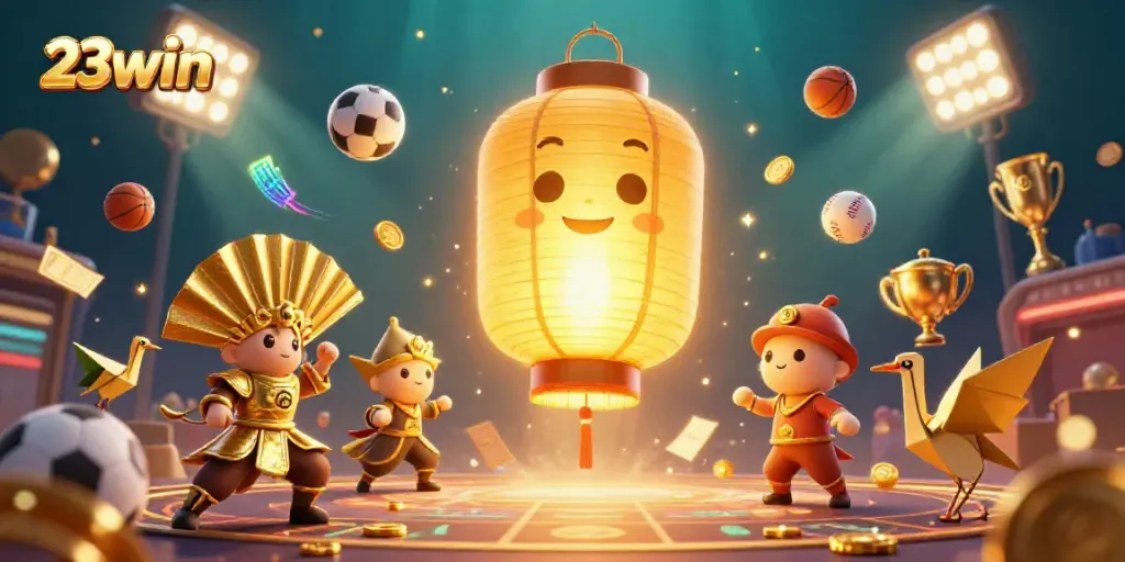 Experience the vibrant excitement of 23win's casino world with dynamic sports elements and golden spirit companions.