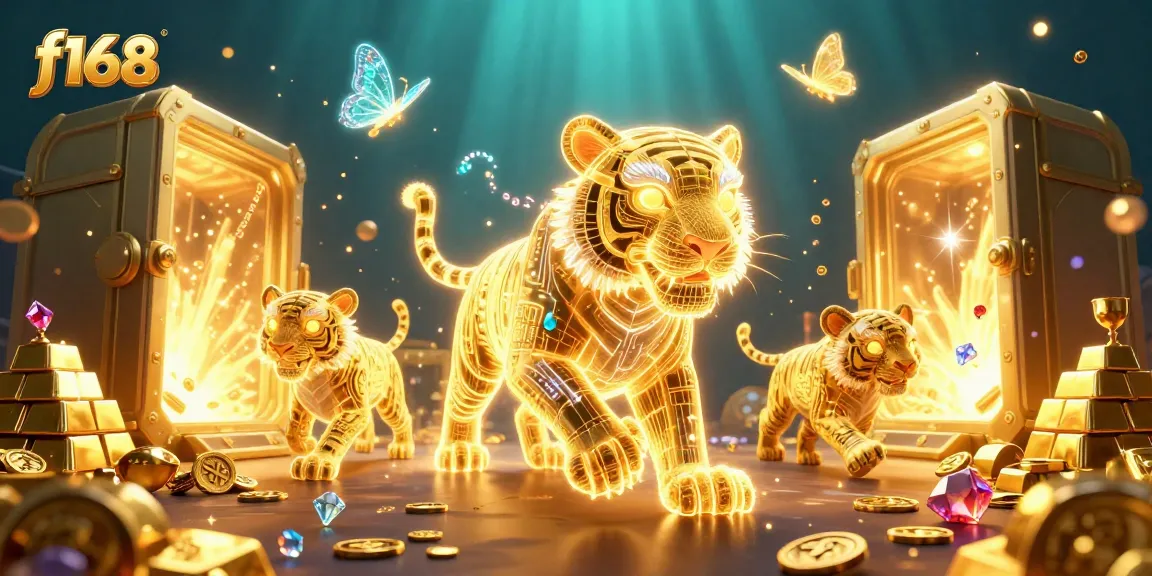 Experience the f168 casino adventure with a neon tiger and dazzling treasures in this vibrant illustration.