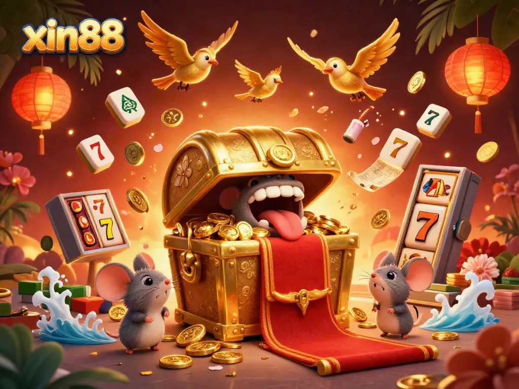 Experience the excitement of xin88 with a treasure chest luring adventurer mice in a vibrant casino scene.