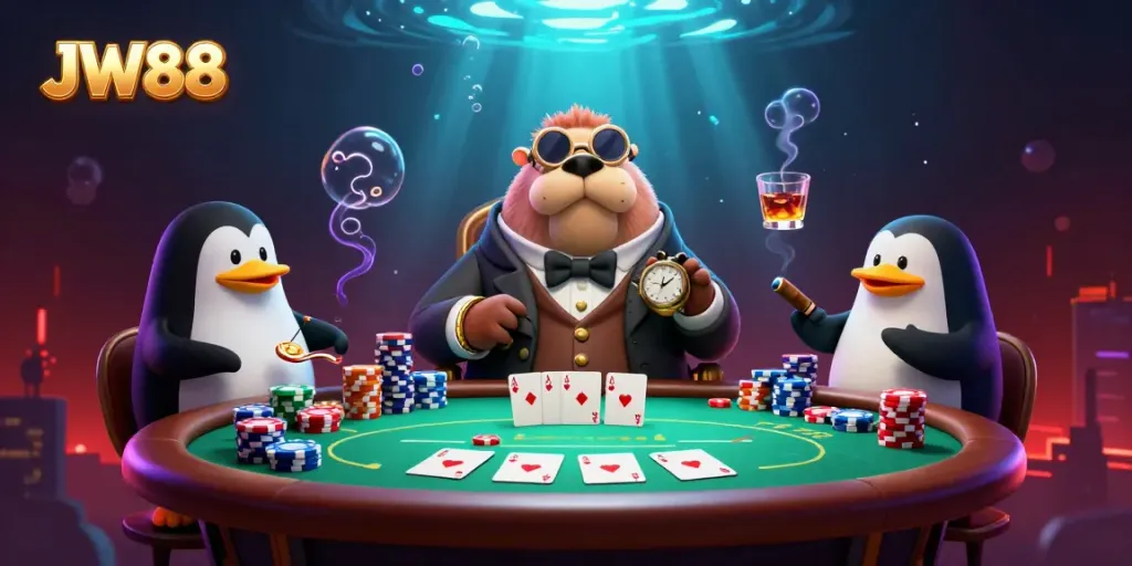 JW88 card table scene with a walrus, penguin dealer, and pufferfish player engaged in a poker game.